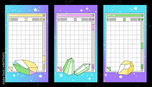 Linear vaporwave Ig stories templates. Social media set design. Abstract retro aesthetic magic backgrounds pack 80s, 90s style. Retro PC Notepad windows interface