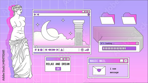 Abstract old aesthetic dream background. Linear vaporwave retro desktop wallpaper. Modern vintage comic illustrations. Trendy, nostalgic, colorful style 70s, 80s, 90s. Posters, social media posts.