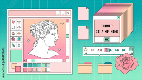 Abstract old aesthetic background. Linear vaporwave retro desktop wallpaper. Modern vintage comics illustrations. Trendy, nostalgic, colorful style 80s, 90s. Retro PC windows interface