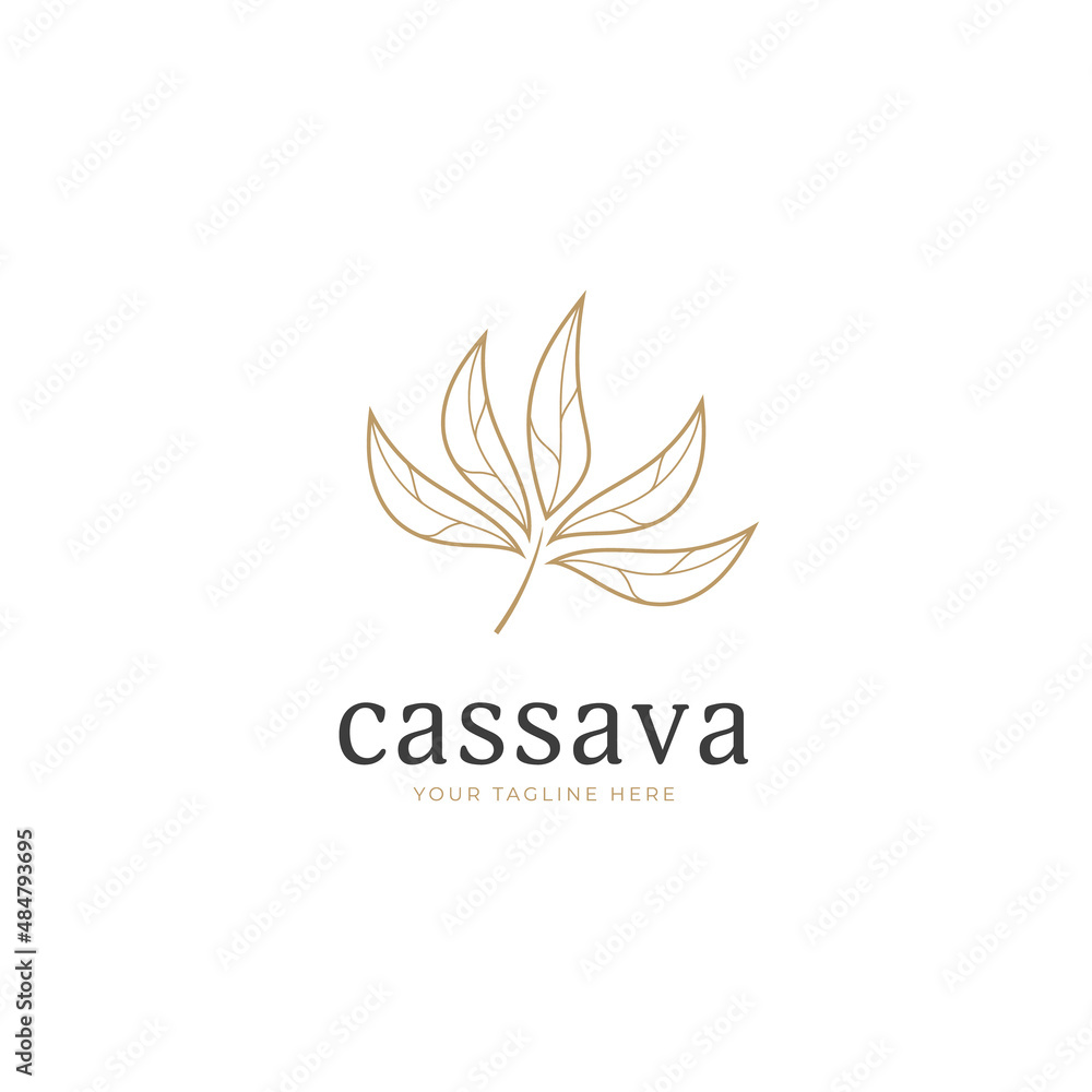 elegant gold cassava leaf premium logo with outline icon