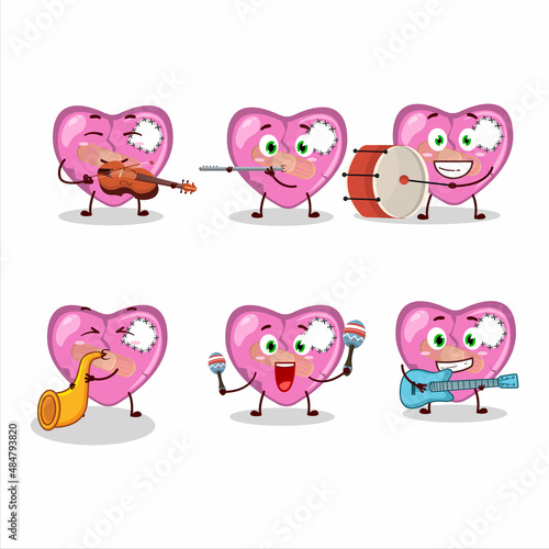 Cartoon character of pink broken heart love playing some musical instruments