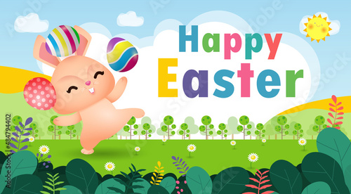Happy Easter day poster. Little Rabbit Bunny with a painted egg with greeting card. Easter festival background with bunny and eggs on grass, banner template isolated vector illustration