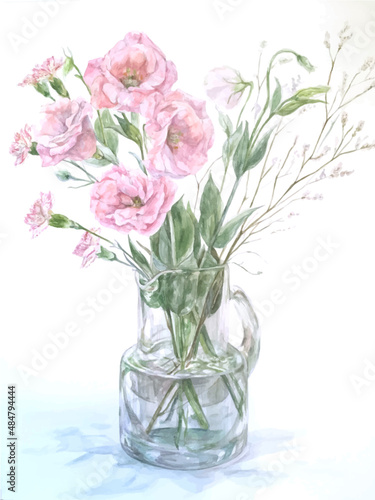 Watercolor painting of vase with bouquet of Turkish bellflowers