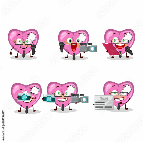 Character reporter pink broken heart love cute mascot with microphone