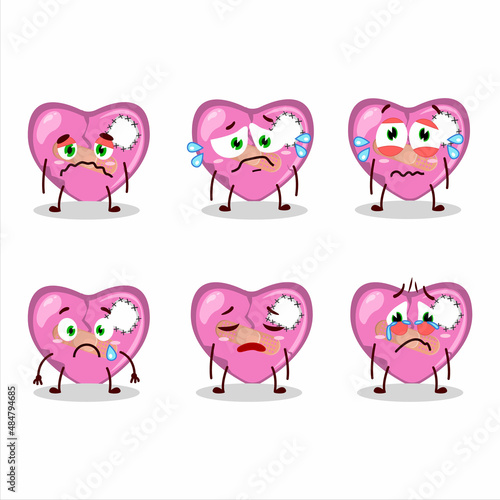 Pink broken heart love cartoon character with sad expression