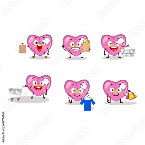 A Rich pink broken heart love mascot design style going shopping