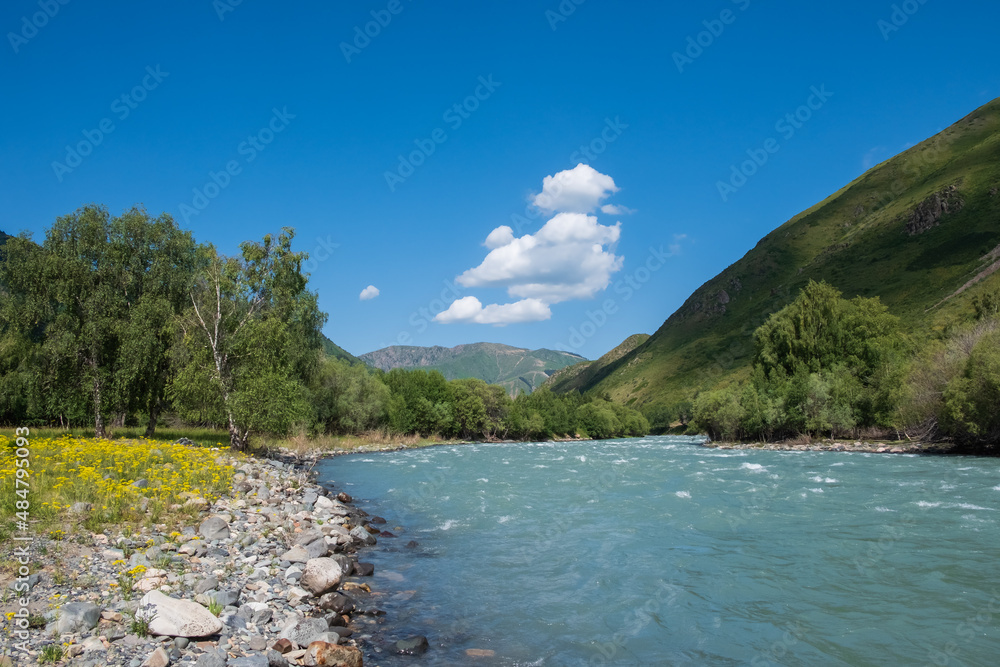 Obraz premium Koksu river gorge in Kazakhstan. Tourism, travel in Dzungarian Alatau concept.