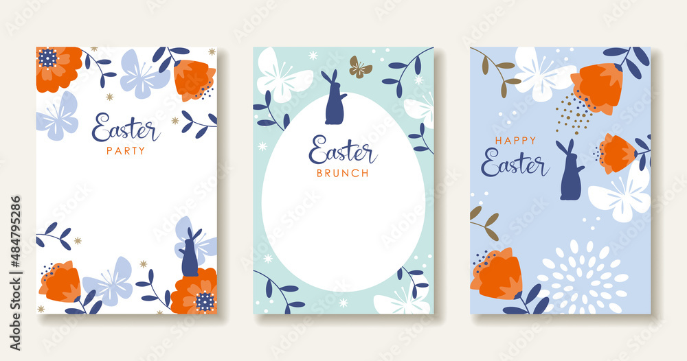 3 Easter Card Set Flower And Rabbit Silhouette