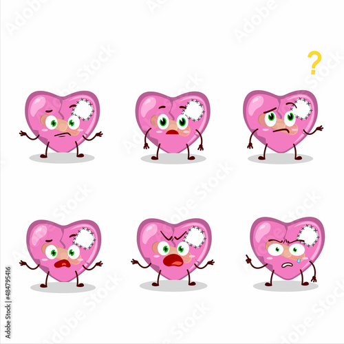 Cartoon character of pink broken heart love with what expression