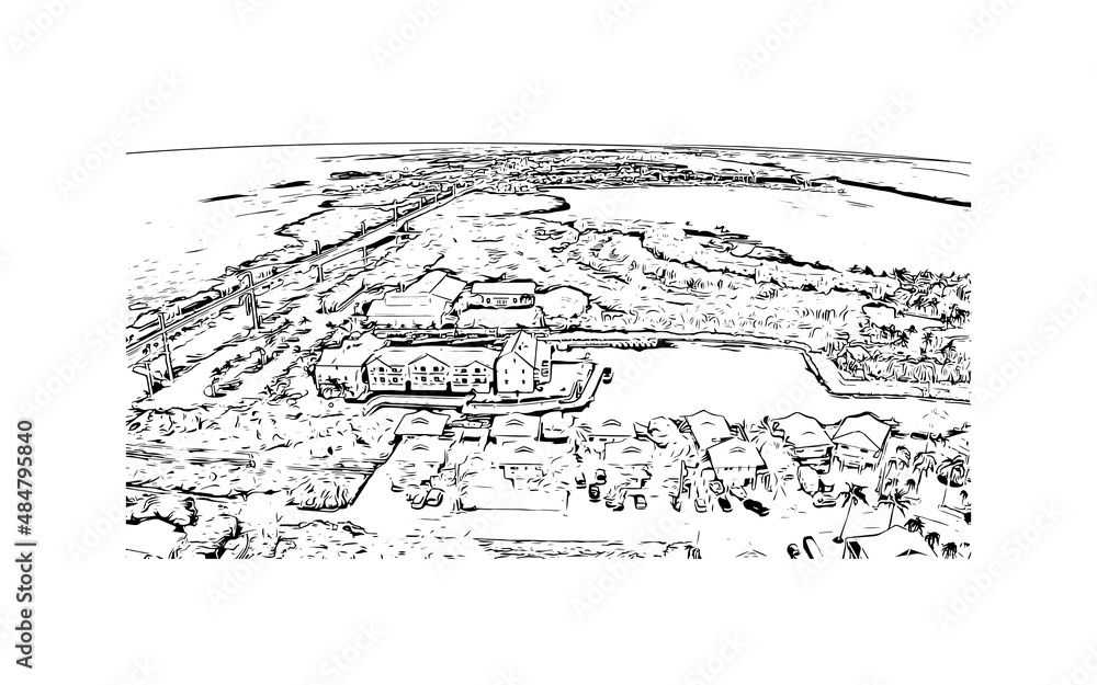 Obraz premium Building view with landmark of Marathon is the town in Greece. Hand drawn sketch illustration in vector.