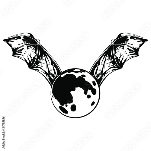Full moon flying with bat wings. Creative concept. Black and white silhouette.