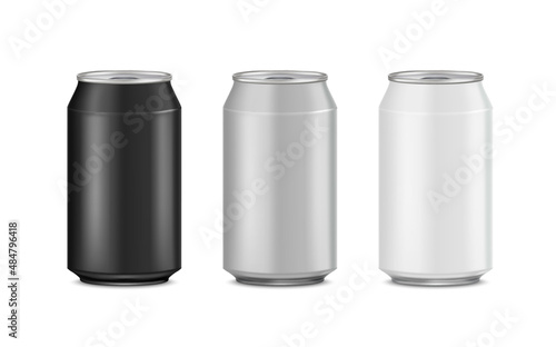 Aluminum cans mock up presentation design. Realistic isolated on white background. Template for beer, alcohol, soda, energy drink. 3D Vector EPS10.