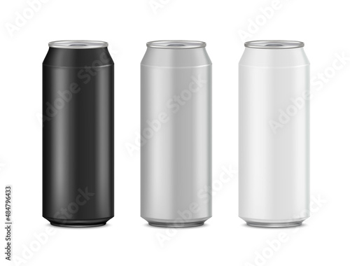 Aluminum cans mock up presentation design. Realistic isolated on white background. Template for beer, alcohol, soda, energy drink. 3D Vector EPS10.