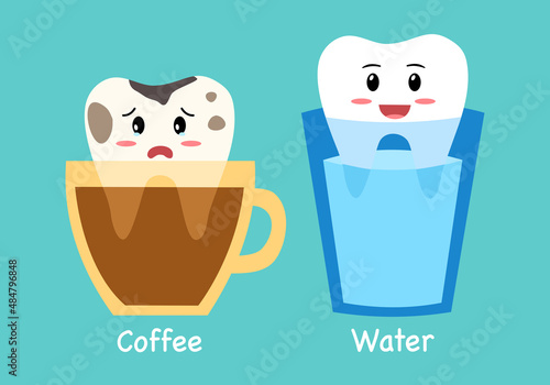 White clean smiling tooth is in the water glass. Dirty cavity tooth is in the coffee cup cartoon character in flat design. Dental health care concept.