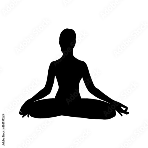 Yoga meditation in siddhasana, woman silhouette. Om meditation for body relax and spirit harmony. Vector illustration isolated on white background