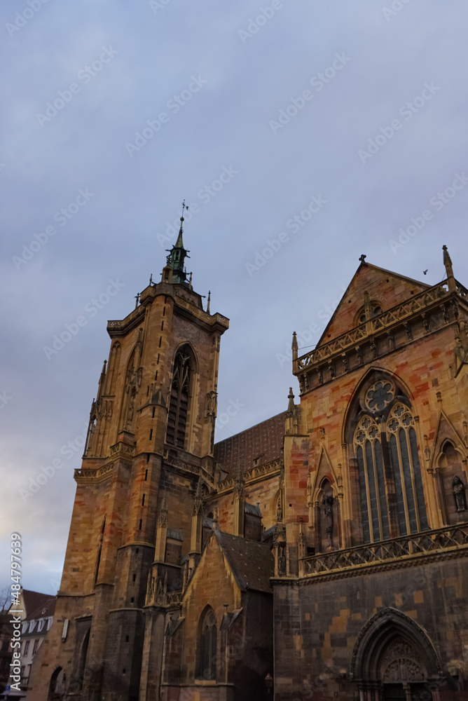 Beautiful church tower of Martinsm nster cathedral in French city of colmar.