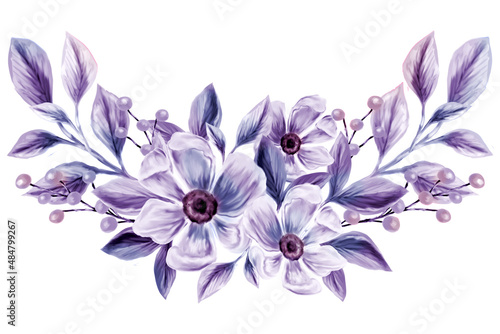 Very Peri. Spring flowers. Isolated botanical border for design of invitations, greeting cards. Composition of pink and white wildflowers. © iuvmiro