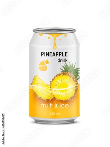 Pineapple juice soft drink in aluminum can and design of pineapple fruit yellow packaging mock up.  Isolated on a white background. Realistic vector EPS10 illustration.