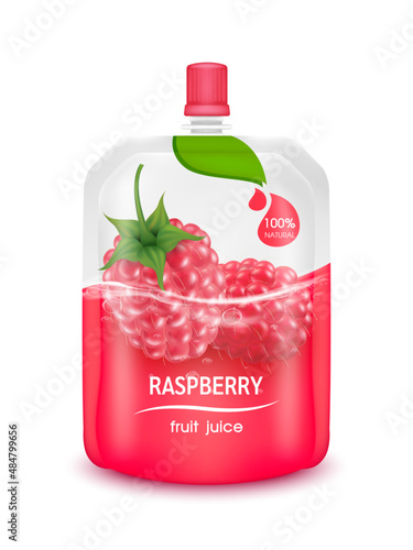 Raspberry juice jelly drink in foil pouch with top cap and design of raspberry fruit red packaging mock up. Isolated on a white background. Realistic 3D vector EPS10 illustration.