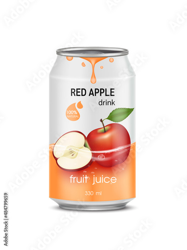Red apple juice soft drink in aluminum can and design of apple fruit orange packaging mock up.  Isolated on a white background. Realistic vector EPS10 illustration.