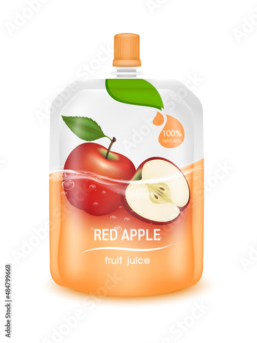 Red apple juice jelly drink in foil pouch with top cap and design of apple fruit red packaging mock up. Isolated on a white background. Realistic 3D vector EPS10 illustration.