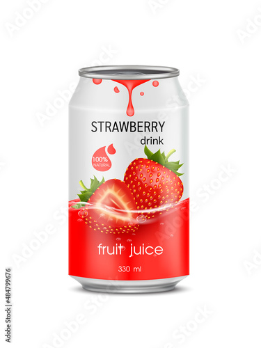Strawberry juice soft drink in aluminum can and design of strawberries fruit red packaging mock up.  Isolated on a white background. Realistic vector EPS10 illustration.
