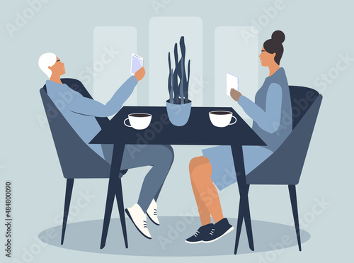 vector flat style illustration on the theme of addiction to the Internet and social networks. man and woman sitting in cafe and looking at their smartphones