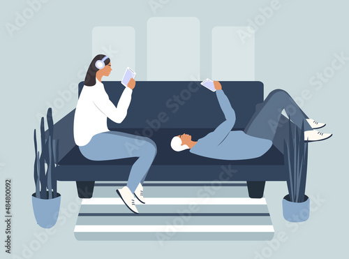 vector flat style illustration on the theme of addiction to the Internet and social networks. man and woman sitting looking at their smartphones