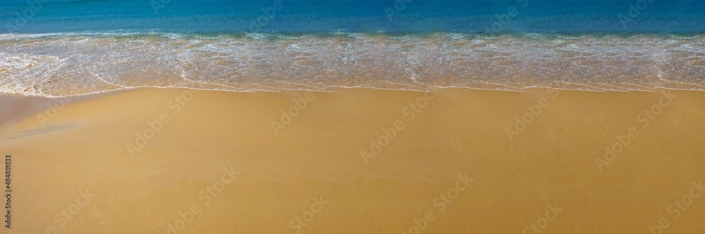 Top view aerial image from above of stunning beautiful sea landscape sand beach with turquoise water with copy space for your text. Vacation by sea, travel concept. Banner