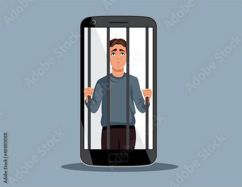 Prisoner Man Behind Bars in a Cell Phone Jail Vector Illustration