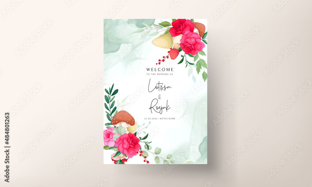 Beautiful rose flower and cute mushroom hand drawing wedding invitation card template