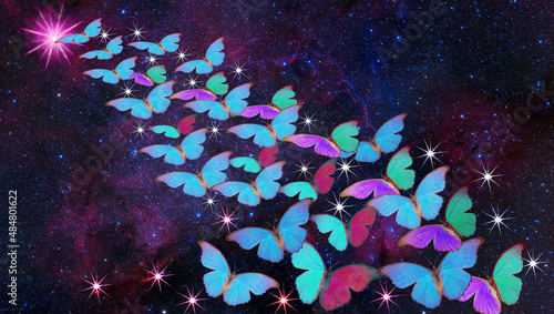 A flock of morpho butterflies flying against the background of space and stars. 