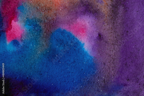 Colorful watercolor drawing of northern lights. Illustration of fairy-tale or magic sky.