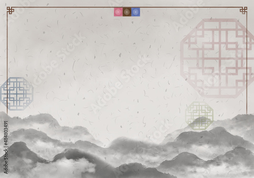 The background image of the smudging effect paint combined with traditional Korean patterns painted on Korean paper.