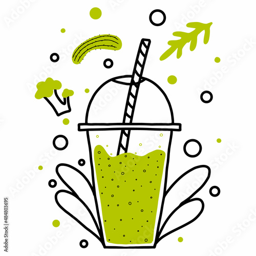  Vector illustration of a glass of smoothie. Green smoothie with green vegetables.