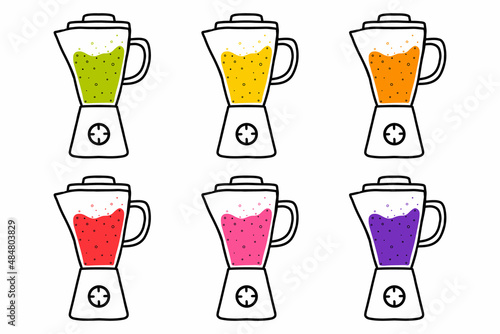  Vector set of smoothie blenders. Doodle style. Set of smoothies in different colors.