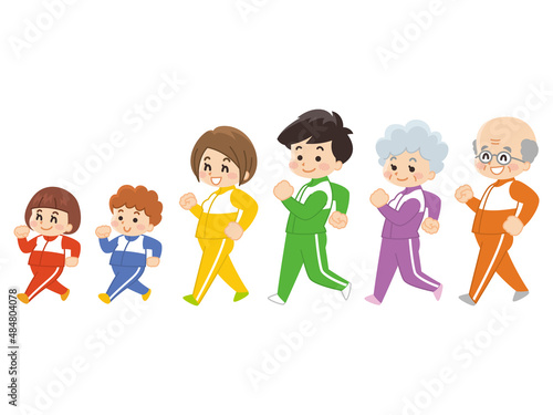 ジャージを着て歩く家族　運動　スポーツ　ウォーキング