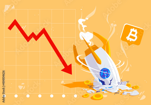 vector illustration of a crashed rocket, the concept of a drop in the value of a cryptocurrency with a red down arrow on the graph