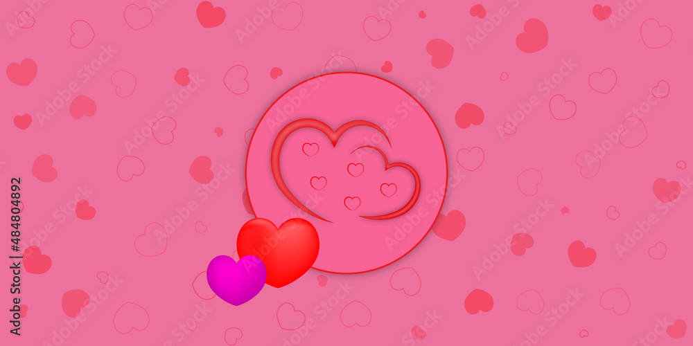 Sweet love background for wedding or Valentine day with gentle pink and red paper hearts flying on pink backdrop. Set of pastel pink, and red 3D heart shape frame design.