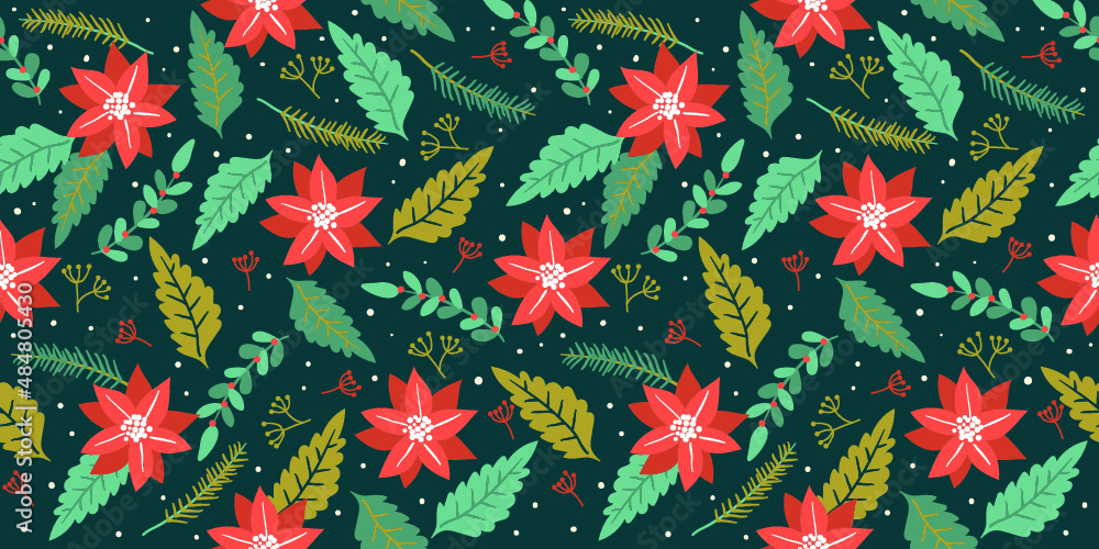 Christmas and Happy New Year Seamless pattern with poinsettia leaves