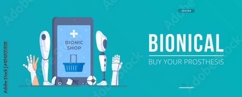 Vector illustration of the concept of bionic shopping. Prosthetics of different body parts.