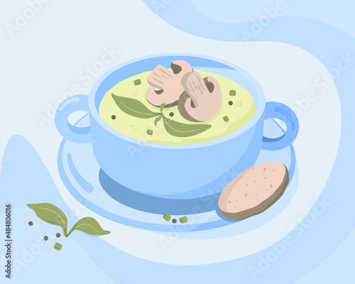 Mushroom soup with crackers on the plate