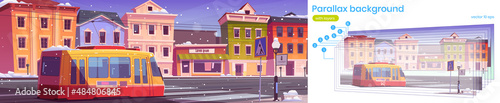 City street with houses, tram and empty road with pedestrian crosswalk in winter. Vector parallax background for 2d animation with cartoon illustration of town with tramway, buildings and snow