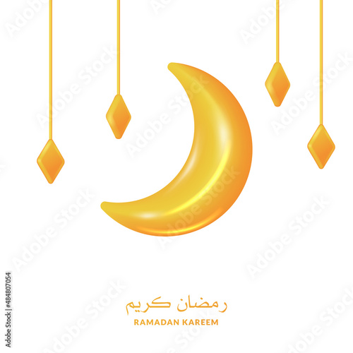 3d yellow golden crescent moon decoration for ramadan kareem or islamic event (Text translation = blessed ramadan)