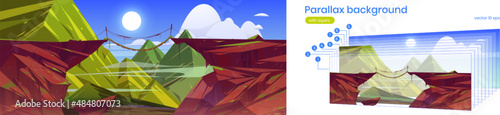 Parallax background suspended bridge hang above steep mountain cliff, green rocky 2d landscape Cartoon beautiful nature scenery summer view with separated layers for game animation Vector illustration