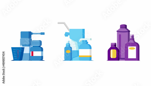 Medicine bottle with medicines, spray and measuring cup. Bottles for drugs,tablets,capsules,prescriptions and vitamins