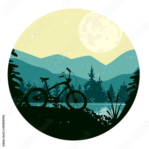 mountain landscape, forest, water, bicycle vector silhouette. cycling, mountains, coniferous forest, river vector, silhouette, logo. mountain scenery,forest silhouette, bicycle in round frame vector