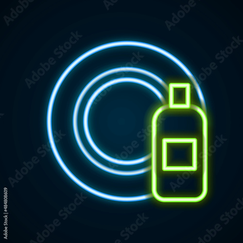 Glowing neon line Dishwashing liquid bottle and plate icon isolated on black background. Liquid detergent for washing dishes. Colorful outline concept. Vector