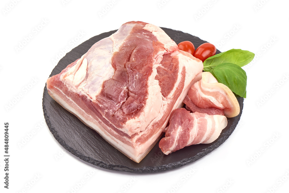 Raw pork brisket, bacon, isolated on white background. Raw pork brisket, bacon, isolated on white background.