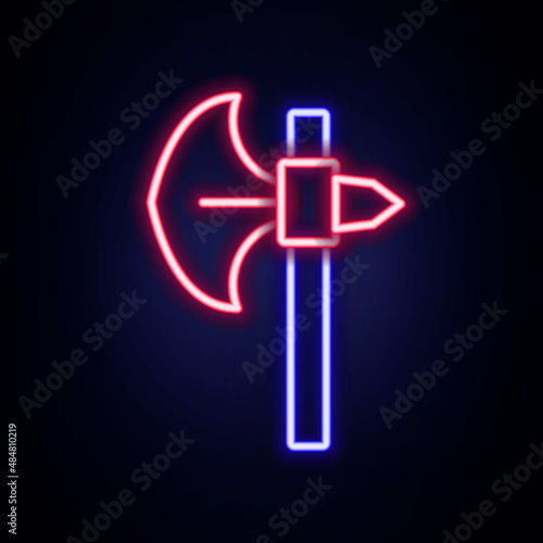 Glowing neon line Medieval axe icon isolated on brick wall background. Battle axe, executioner axe. Medieval weapon. Colorful outline concept. Vector